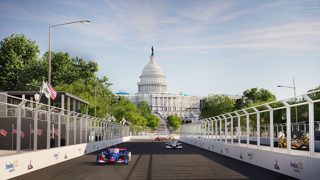 A render of cars on track with the Capitol in the background