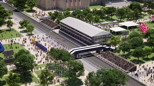 Fans watch cars on track in an overhead rendering